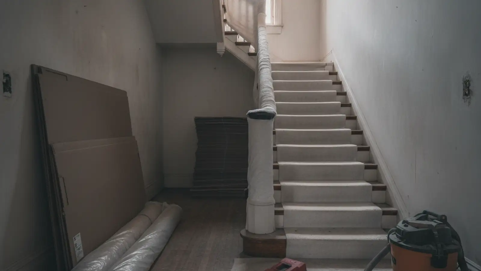 Rolls of floor protection and stacked corrugated board set out in the hallway of a Queens house before work begins, the stair wrapped.