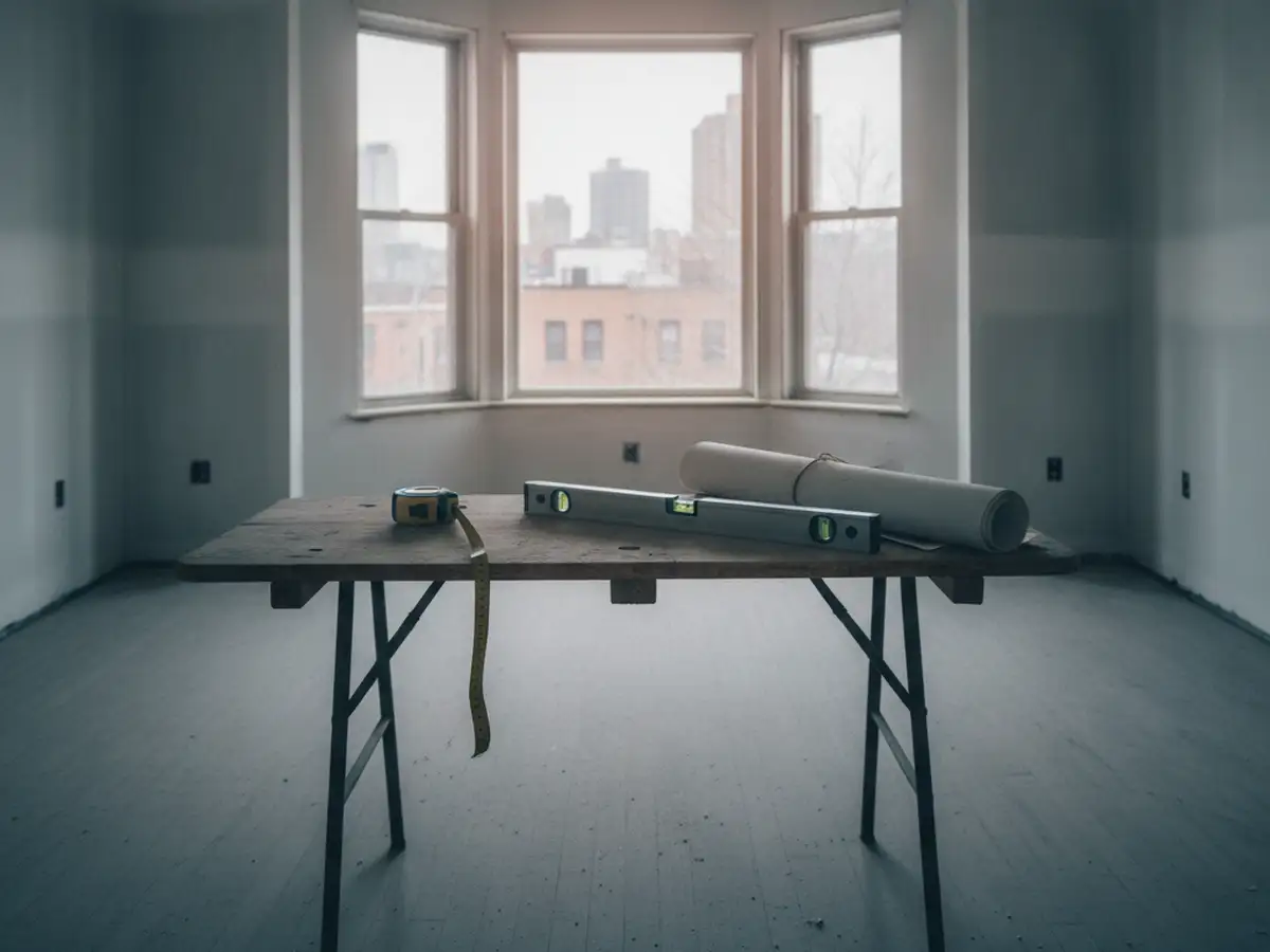 A folding worktable in an empty Queens living room with a tape measure, a level and a roll of drawings on it, a bay window behind.