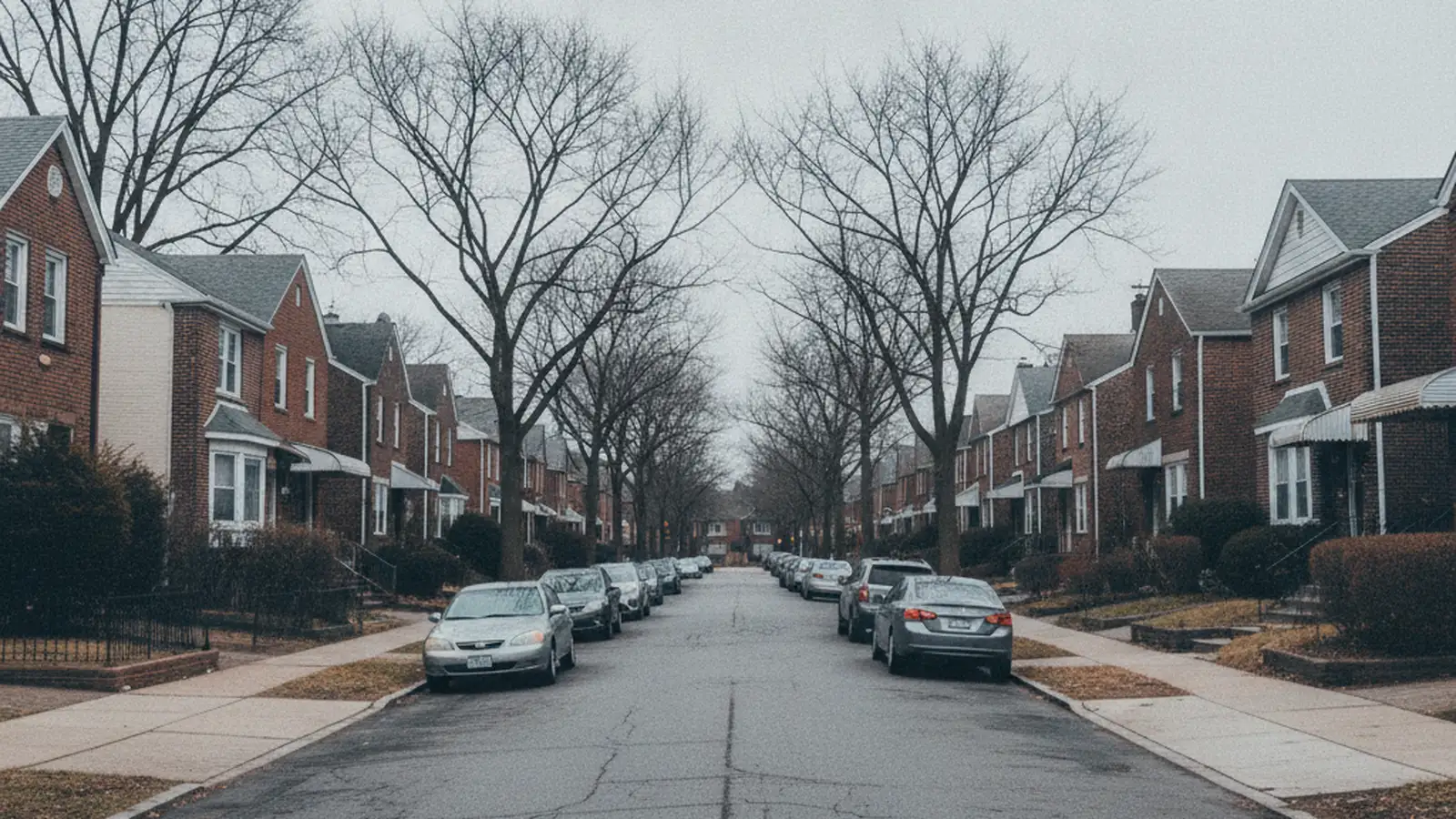 A Queens residential street of detached and attached brick houses with driveways and small front yards under mature trees.