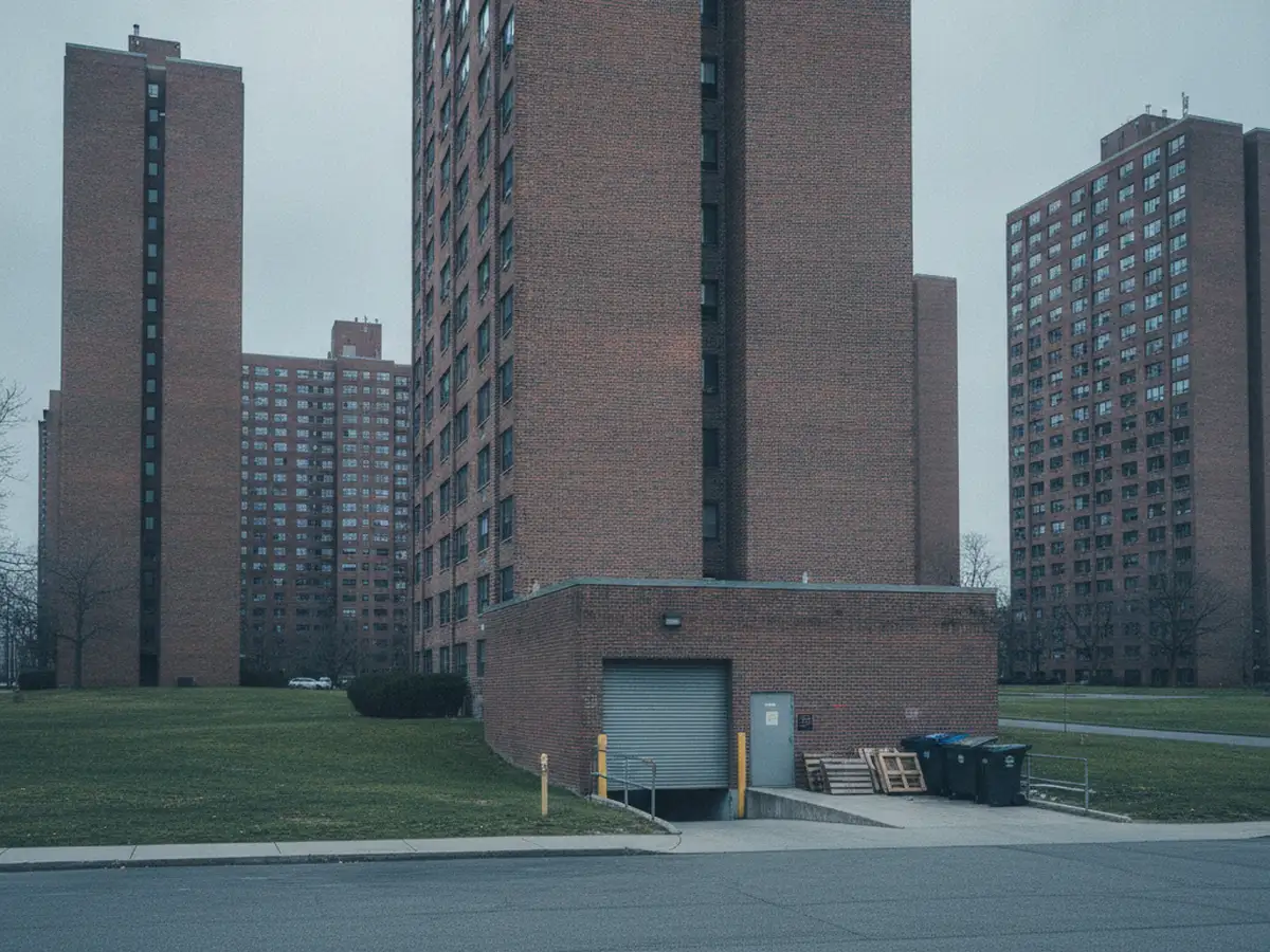 A group of tall brick co-op apartment towers in Queens set around lawns and parking, a service entrance with a loading area.