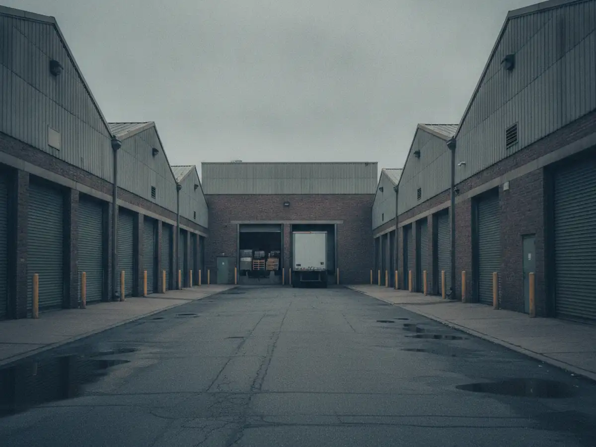 A wide street in industrial Queens of low warehouse buildings with loading bays and roll-up doors, one truck bay open.