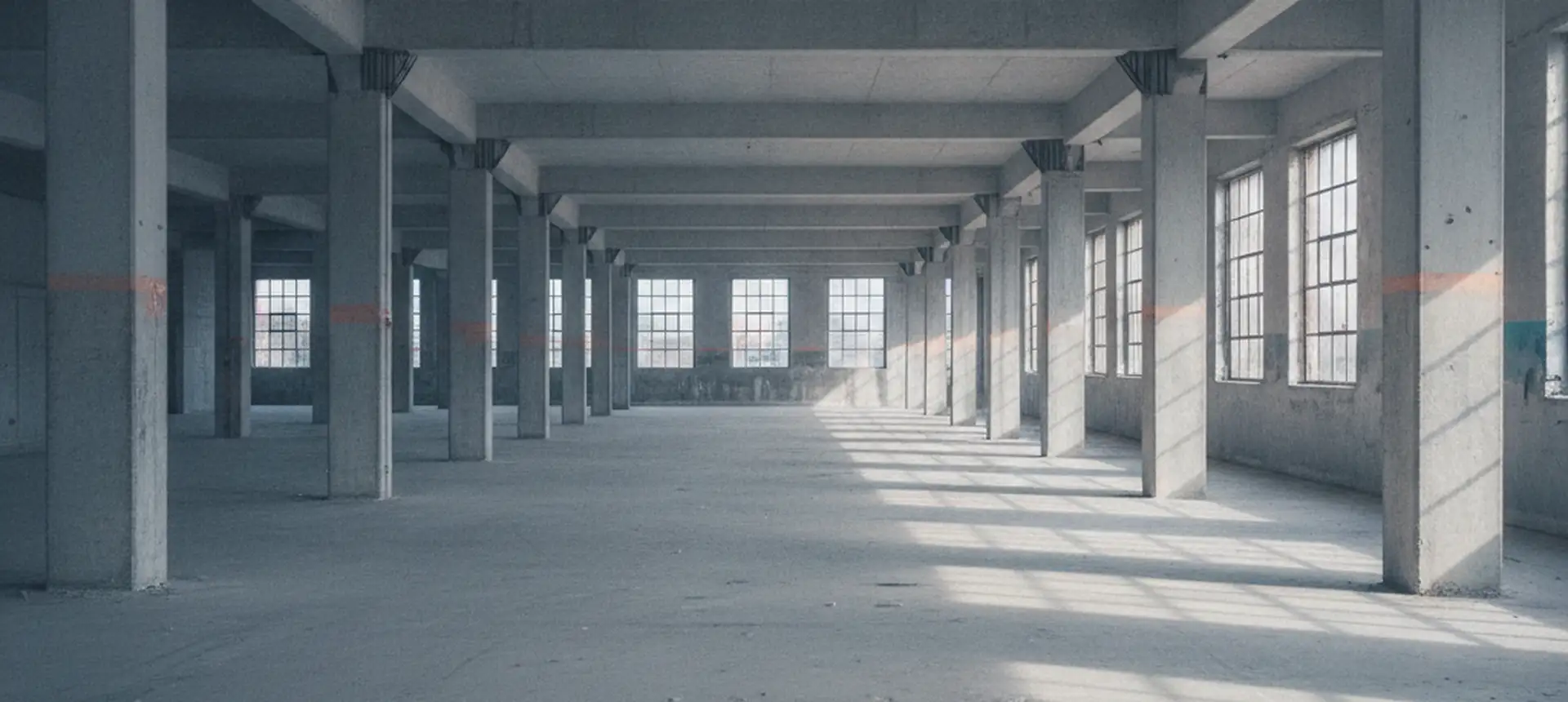 A long empty stripped commercial floor in a Queens warehouse, columns receding toward windows at the far end.
