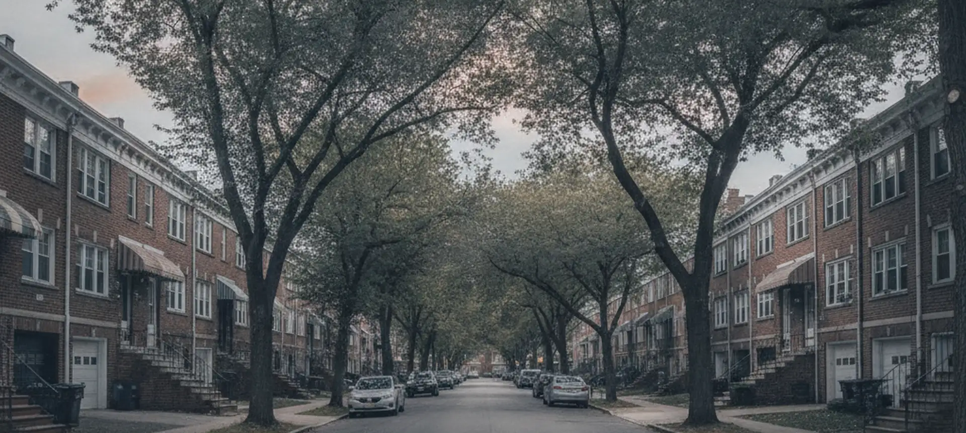 A wide view along a long Queens residential street in deep perspective, attached brick houses with driveways on both sides, mature trees meeting overhead.