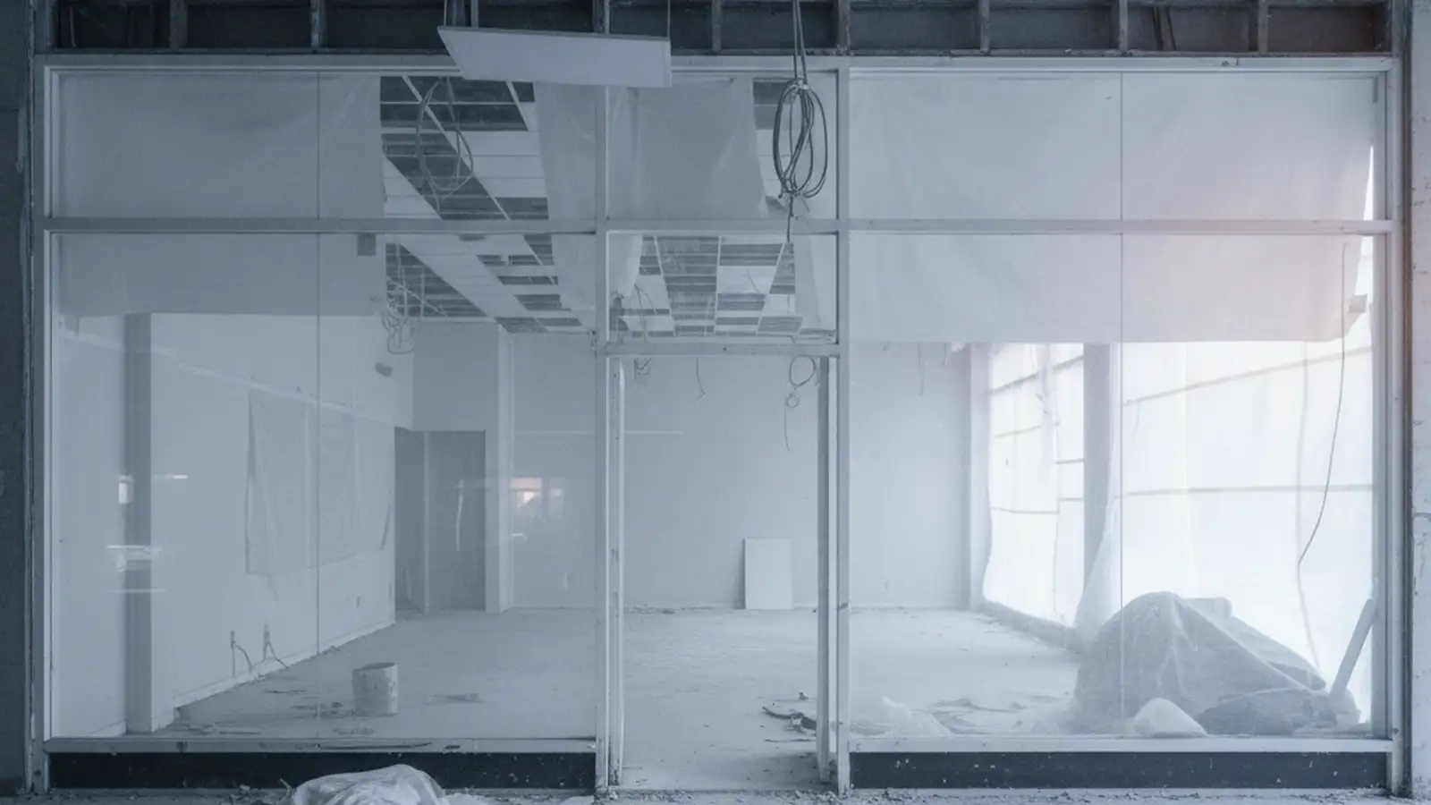 A ground-floor storefront on a Queens commercial avenue mid strip-out, the shopfront papered over and the ceiling grid partly down.