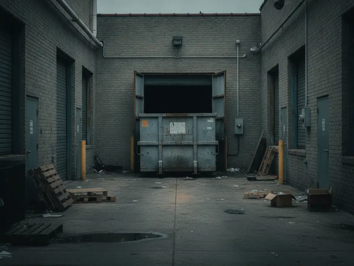 The rear service alley of a Queens commercial strip with loading doors and a roll-off container backed up to one of them.