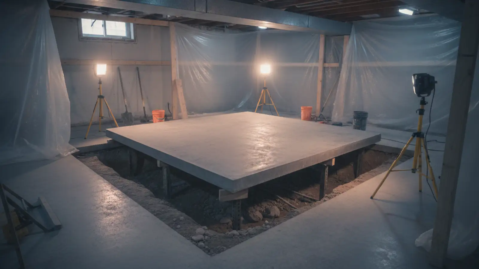 A Queens basement with a rectangular section of the concrete floor slab cut and lifted out, the trench below exposed, under work lights.