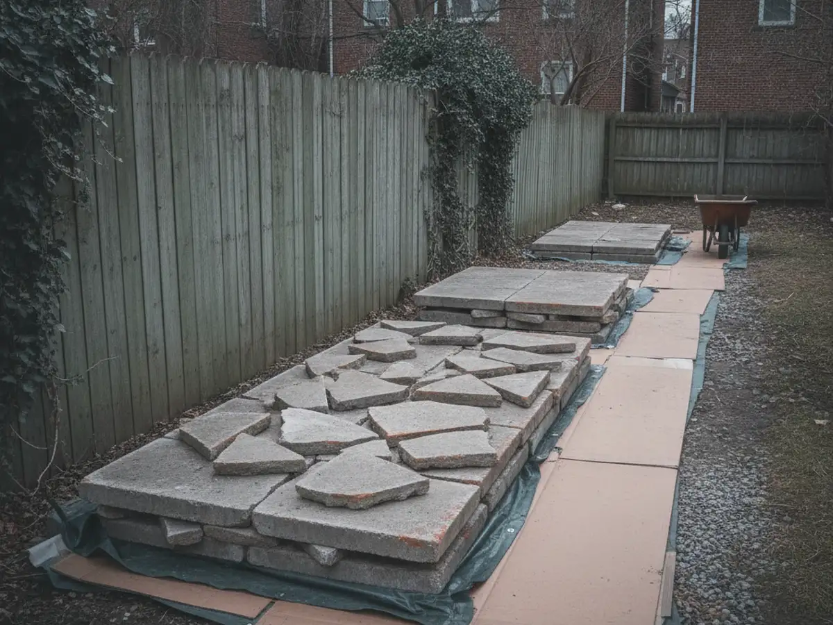 A Queens back yard with an old concrete patio slab broken into liftable pieces stacked on a protected path beside a wooden fence.