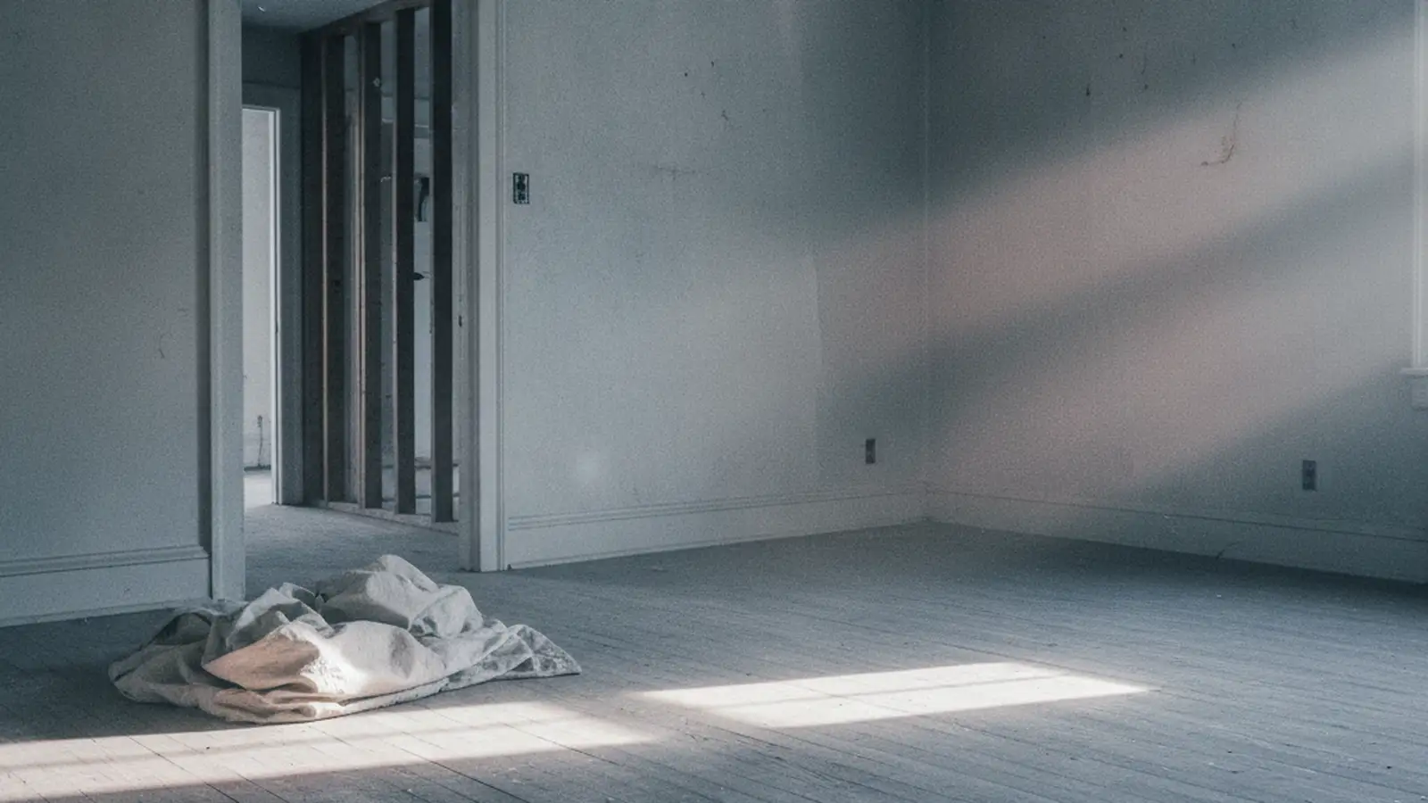 A quiet stripped Queens interior with daylight across a bare floor and a doorway opening onto a hall, a drop sheet folded by the door.