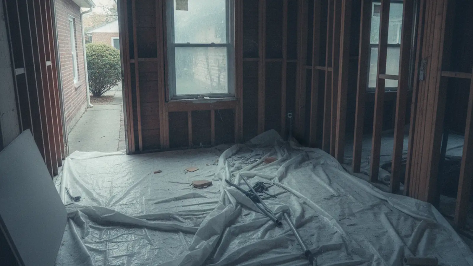 The interior of a detached two-family Queens house mid strip-out, the kitchen removed to the studs, a window onto a driveway and the brick house next door, sheeting on the floor.