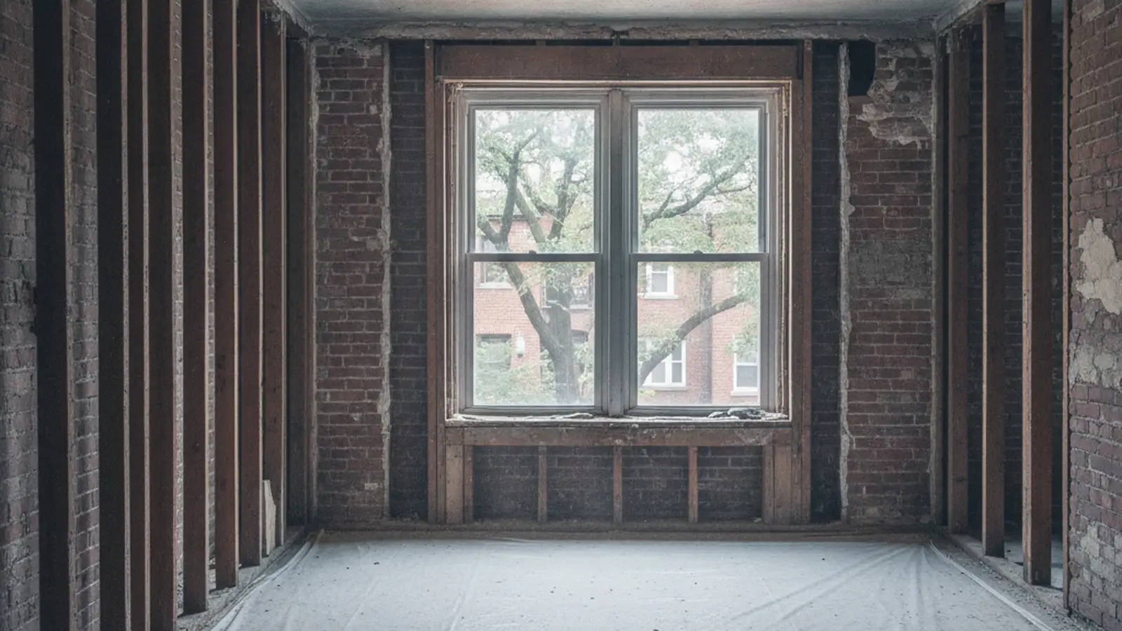 A Queens co-op apartment taken back to the studs, old plaster removed, protective sheeting on the floor, a window onto a tree-lined street.