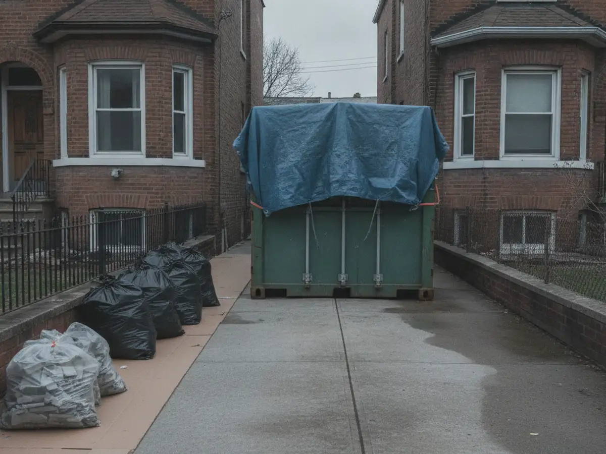 A Queens driveway between two attached brick houses with a covered container parked in it and bagged debris staged on a protected path.