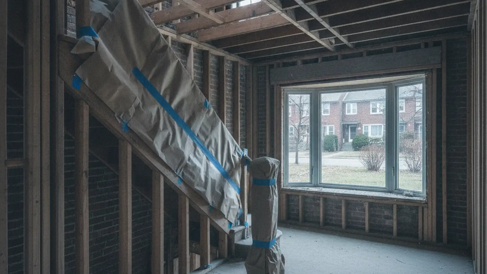 A Queens brick house interior stripped to the studs and joists, the original wood stair with its rail wrapped in protection, a bay window onto a small front yard.