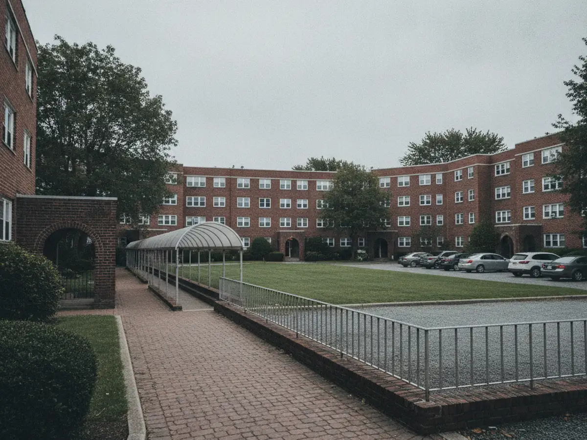 A Queens garden-apartment complex of two-storey brick buildings around a lawn, a protected path laid from one entrance to the parking area.